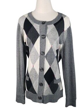 Basler German Wool Cashmere Whimsical Argyle Ticking Women 44 Cardigan Classic